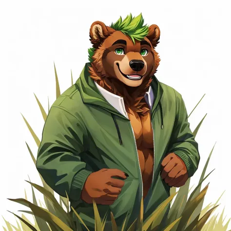 a caramel-brown colored fur anthropomorphic, muscular grizzly bear, dressed in a red jacket, green eyes, himbo body, green hair,...