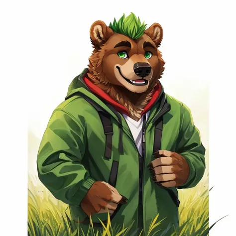 a caramel-brown colored fur anthropomorphic, muscular grizzly bear, dressed in a red jacket, green eyes, himbo body, green hair,...