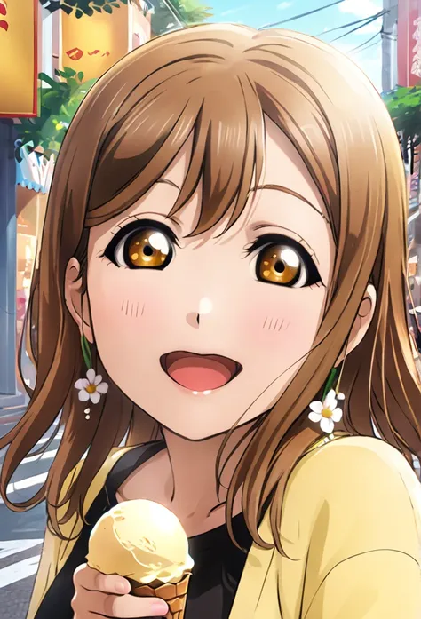 ultra-realism、one girl, long hair, smile, hanamaru kunikida、reaching out、background street、feed them ice cream、red cheeks