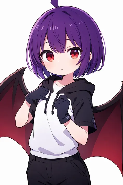 ((masterpiece, Highest quality, Very detailed)), Ahoge, Purple Hair, short hair, Red eyes, Black glove on one hand, Bat Wings, Indigo short sleeve hoodie, Black trousers, Manipulating the flames, boy, Mini character, Character portrait, solo, White backgro...