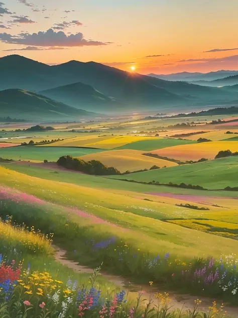 A painting depicting a beautiful sunset over a field of blooming wildflowers, Stunning scenery, Colorful and bizarre landscape, a Beautiful scenery, Stunning scenery, Beautiful scenery, Stunning scenery, the most Beautiful scenery, stunning nature in backg...