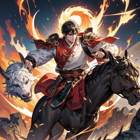 1 handsome genghis khan, manly, handsome, riding dragon, demon slayer, 8k, hd, unreal engine, 