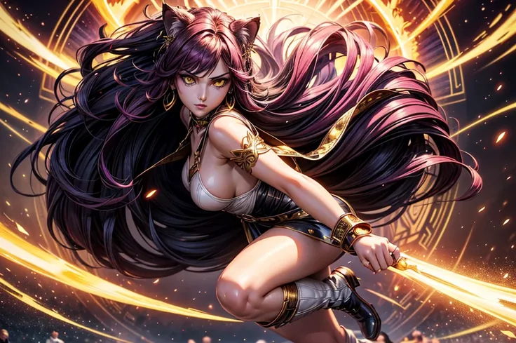 There is lost coliseum there stand female lioness in battle stance, she have ebony colour skin beautiful yellow cat eyes dark gold eyeshadows make up, ring style earrings, her hair is purple with pink highlights . she dressed in white neather topic with go...