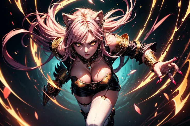 There is lost coliseum there stand female lioness in battle stance, she have ebony colour skin beautiful yellow cat eyes dark gold eyeshadows make up, ring style earrings, her hair is purple with pink highlights . she dressed in white neather topic with go...