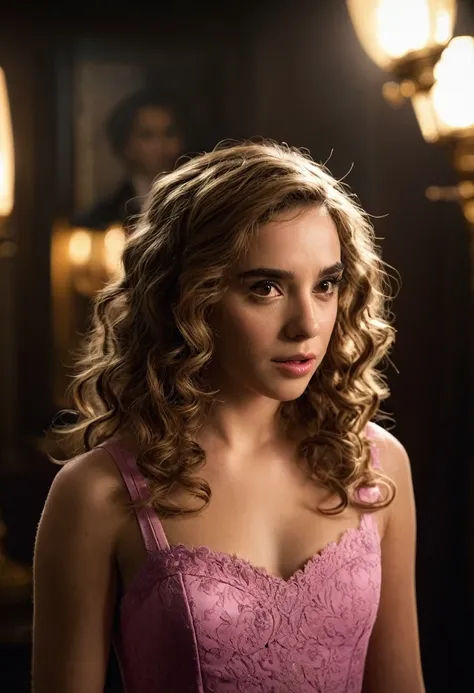 a beautiful girl with long curly brown hair, brown eyes, and pink lips, hermione granger, giving oral sex to constance hatchaway, highly detailed, ultra-realistic, 8k, masterpiece, subtle warm lighting, intimate romantic scene, erotic, sensual, photorealis...