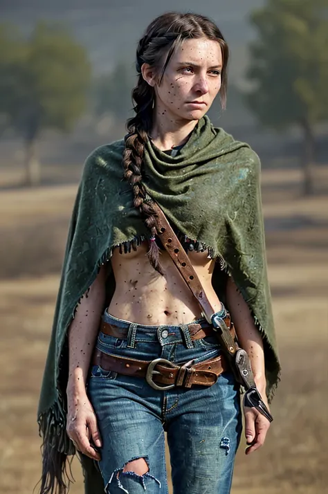 ((Female, 27 years old, red dead redemption aura, 1800s outlaw, dark green eyes, dark brown hair in messy braid, wearing dark poncho and tattered jeans, gun belt, knife strapped to leg, rifle strapped to back, dirty skin, back to viewer, head turned to loo...