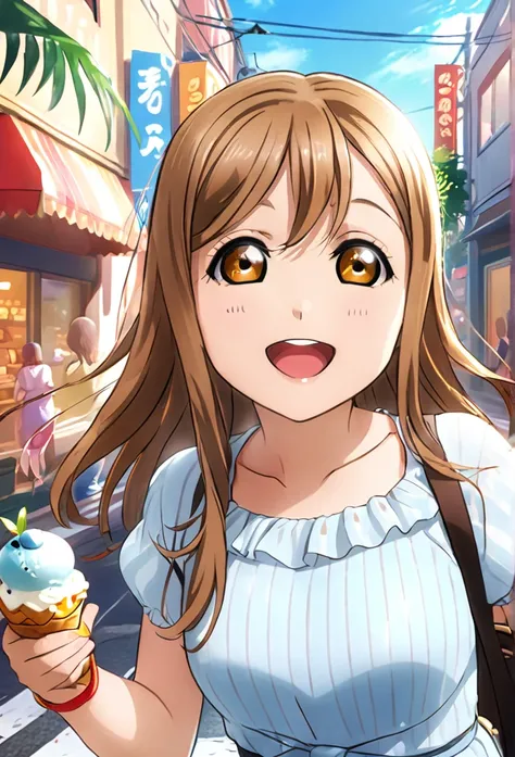 ultra-realism、one girl, long hair, smile, hanamaru kunikida、reaching out、background street、give ice cream、red cheeks