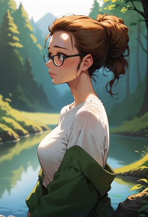 1girl, european girl, 18 years old, long light-brown hair, ponytail curvy hair, cute face, average breast, lingirie, lake in forest, lake, source_realictic, deatiling painting, brown eyes, detailing body, detailing face, side view, glasses, shy