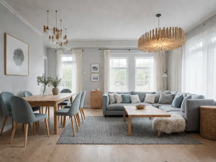 Raw photo, Masterpiece, high quality, best quality, authentic, super detail, Scandinavian, Embraces functionality, light, and a connection to nature. Think clean lines, light wood tones, and cozy textiles. Light and airy with a focus on whites, creams, and...