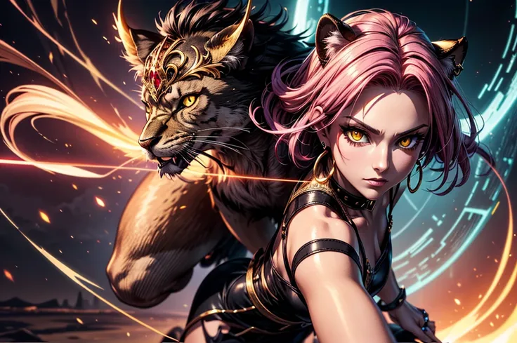 There is lost coliseum there stand female lioness in battle stance, she have ebony colour skin beautiful yellow eyes dark gold eyeshadows make up, ring style earrings, her hair is purple with pink highlights . she dressed in white neather topic with golden...