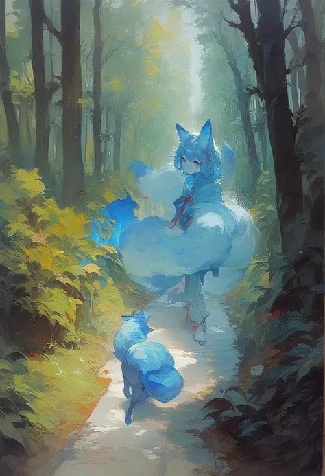 Masterpiece, Extremely detailed, Photo, medium distance shot, (A beautiful kitsune woman walking in a rainy forest holding a small ball of blue fire) , fox ears, nine fox tails, traditional Japanese clothing. 