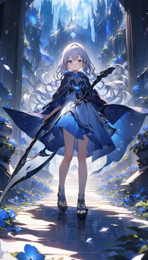 Highest quality,masterpiece,Detailed Details,Super detailed,colorful,The background is dark blue water,Transparency,Use HDR technology to create a sense of depth,beautiful,beautiful自然,Sacred atmosphere,8-year-old girl,Alone,Wearing starry wizard robes,Stan...