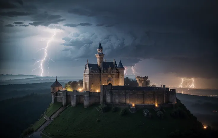 (Later in the afternoon):0.9, (dense atmosphere):0.8, (feel cold):0.7, (castle):1.2, (middle Ages):1.1, (storm):1.4, (lightning):1.3, (rain):1.2, (細rain):1.2, (Detail 8k):1.5.