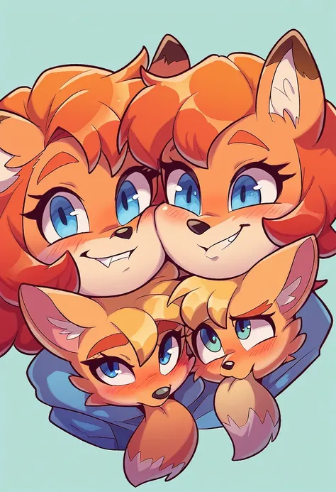 little fox, 1girl, kid girlfox, yellow hair, ginger fur, blue eyes, cute, (2heads 1.5), conjoined,