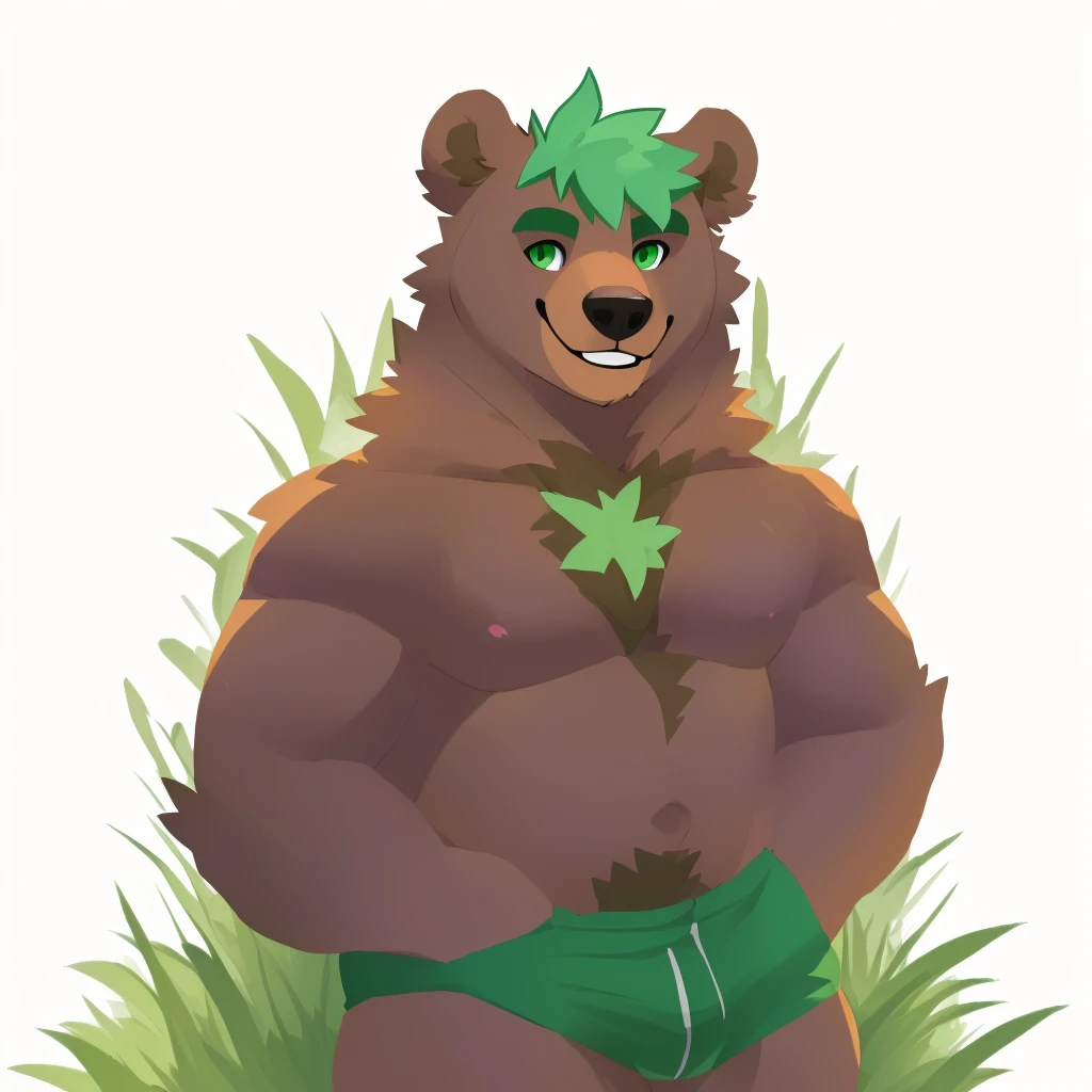 a caramel-brown colored fur anthropomorphic, muscular grizzly bear, green eyes, nsfw, himbo body, green hair, happy, closed smile, standing in the grass, high quality furry art.