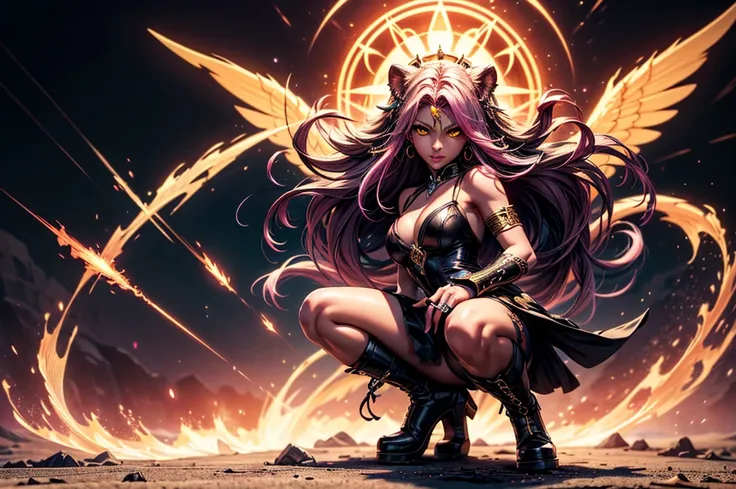 There is lost coliseum there in battle stance stand female lioness , she have ebony colour skin beautiful yellow eyes dark gold eyeshadows make up, ring style earrings, her hair is purple with pink highlights . she dressed in white neather topic with golde...