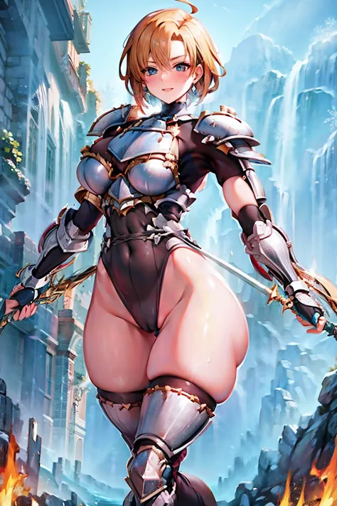 jewelry, bodysuit, fingerless gloves, knight, highleg, (((skin tight))), vambraces, arm guards,faulds,greaves, 1girl,solo,　gauntlets, armored boots, breastplate, pauldrons, shoulder armor, big armors, thighhighs, dare thighs, short hair, pink hair, blue ey...