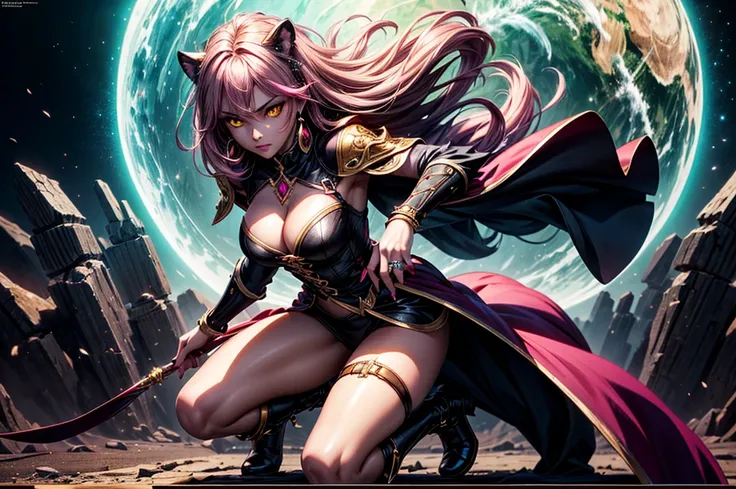 There is lost coliseum there in battle stance stand female lioness , she have ebony colour skin beautiful yellow eyes dark gold eyeshadows make up, ring style earrings, her hair is purple with pink highlights . she dressed in white neather topic with golde...