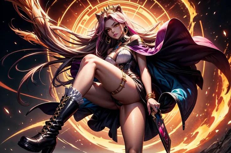 There is lost coliseum there in battle stance stand female lioness , she have ebony colour skin beautiful yellow eyes dark gold eyeshadows make up, ring style earrings, her hair is purple with pink highlights . she dressed in white neather topic with golde...