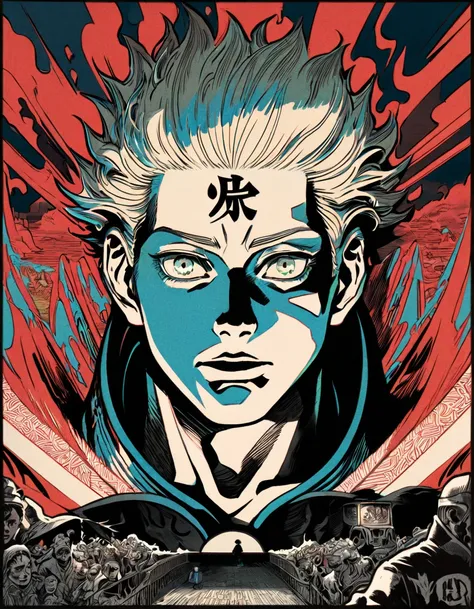 ryomen sukuna with four arms, from jujutsu kaisen, as Chicago hipster swagger style, with tattoos, four eyes, manga textures, blue, Japanese letters, poster art, reflections, Osamu tezuka, UHD, hyper- detailed illustrations, souls in the picture, dark, for...