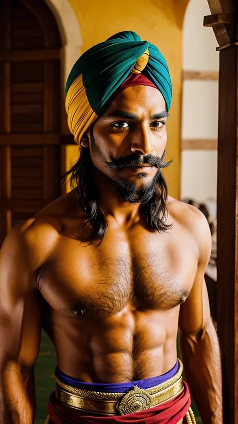 A male Rajput warrior with traditional attire, a curved sword, and a colorful turban, making eye contact with pride.