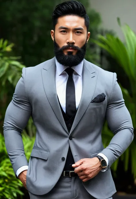 arafed man with beard posing for a photo, strong masculine features,  sexy muscular body, muscular body type, Athletic Body Building,  vestindo um terno, Bblack hair,Asian stylish suit 