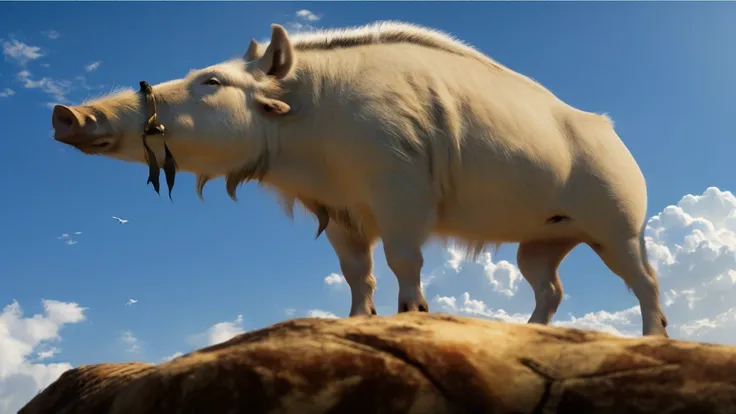 A white boar stands on a rocky cliff, realistic photography、 realistic 、The Last Airbender&#39;s Appa, Dramatic cinematic detailed fur, Ice Age, Anime movie shooting, From the movie Fang, ancient art, Tamandua, unicorn From the movie Fang, Arctic, ancient ...