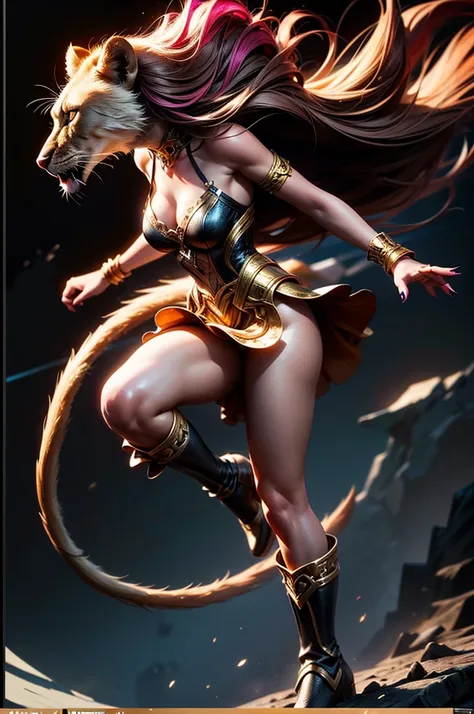 there is lost coliseum there in battle stance stand female lioness , she have ebony colour skin beautiful yellow eyes dark gold ...