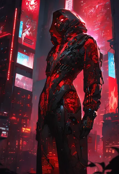 In the dimly lit cyberpunk cityscape (red color), a brooding figure stands silhouetted against neon lights, a digital nomad infused with noir vibes. This concept art is a digitally painted illustration capturing the essence of a futuristic, mysterious indi...