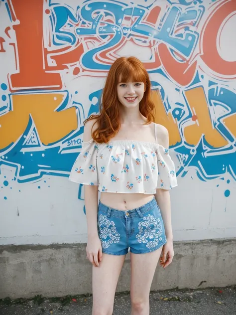 her name is Anna Maria Schmidt, high quality, ((white pale skin)), 1girl, ((20-year-old fit Caucasian woman)), ((20 years old)), ((fit)), ((ginger hair with bangs)), pose: standing, wearing stylish (((light-blue printed off shoulder and shorts))), BACKGROU...