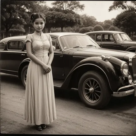 Arafed photo of a young Indonesian girl wearing a kebaya inspired by RA Kartini, kebaya photo, old sepia photography, beautiful young girl, vintage photography, kebaya photo. graceful and charming pose next to a limousine. number plate with text Aryy Dewix...