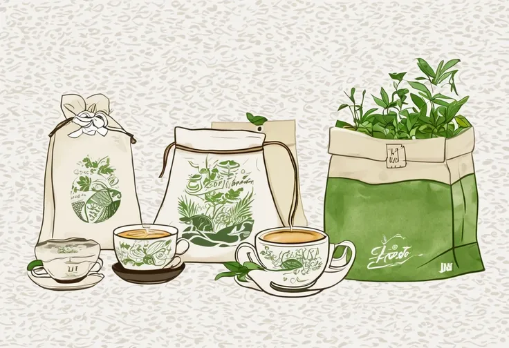 a set of tea sets for casual relaxation with illustrations,calligraphic fonts with green tones,coffee bags,paper bags,prints and...