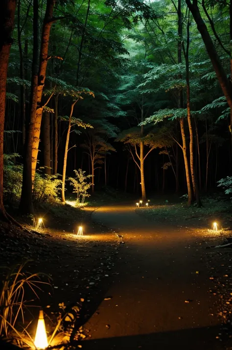 Create a full size image for a youtube page of  A walk threw a tribal forest  with glowing lights and tribals