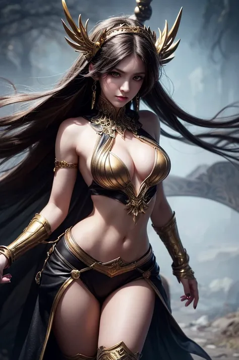 There is lost coliseum there in battle stance stand female lioness , she have ebony colour skin beautiful yellow eyes dark gold eyeshadows make up, ring style earrings, her hair is purple with pink highlights . she dressed in white neather topic with golde...