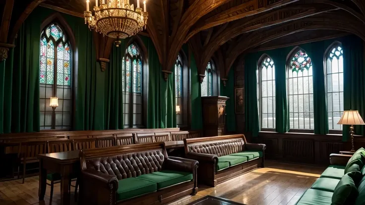 slytherin common room,hogwarts,fantasy,green curtain,located underground,large windows,green light,dim,midnight,moody,candle,sof...