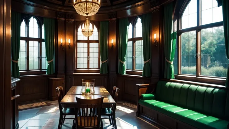 slytherin common room,hogwarts,fantasy,green curtain,located underground,large windows,green light,dim,midnight,moody,candle,sof...