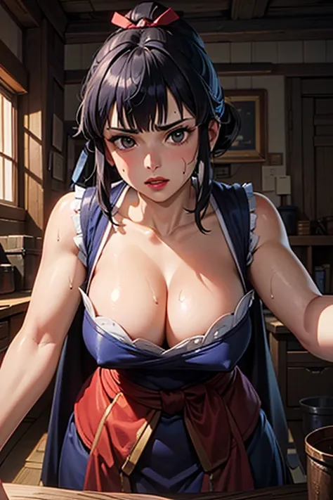 masterpiece, Highest quality,  Unreal Engine,  Super Resolution,  Very detailed, 

One Woman, Lady Eboshi from Princess Mononoke, Cleavage, Physical Beauty, (Muscular:0.8), (Big Breasts), bold, Lips parted,  Observe the audience, 

In a dynamic pose,  Cowb...