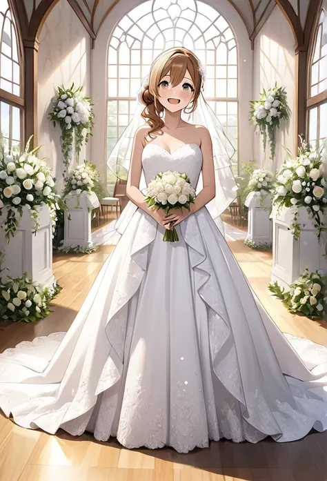 ultra-realism、one girl, hanamaru kunikida、(tears)、happy、whole body、wedding dress、background wedding venue