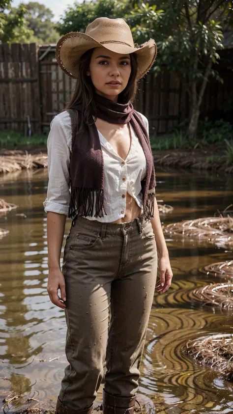 A beautiful woman wearing a cowboy hat, fringed waistcoat, trousers, and a scarf, standing confidently in a muddy farm environment, medium breast, detailed portrait, photorealistic, 8k, cinematic lighting, warm color tones, masterpiece