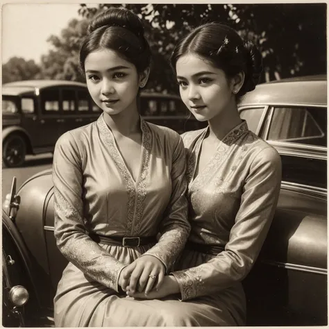 Arafed photo of a young Indonesian girl wearing a kebaya inspired by RA Kartini, kebaya photo, old sepia photography, beautiful young girl, vintage photography, kebaya photo. graceful and charming pose next to a limousine. number plate with text Aryy Dewix...