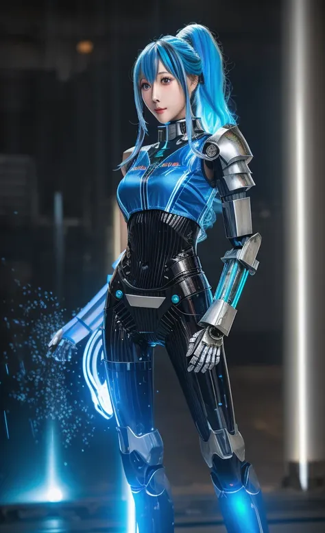 actual,photoactual,masterpiece,best quality,1 female robot，Beautiful female robot),looking at the audience,{{masterpiece}},Flat 胸部best quality},alone,beautiful clear face(Rain waves_haneame：1.5),{Many glowing particles},High ponytail,Armor Cloth,Robot girl...