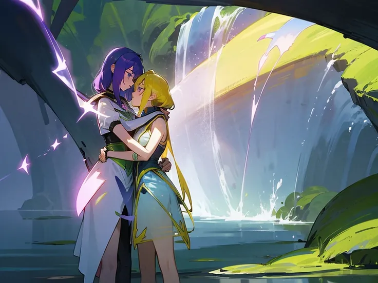 Two girls touching lips，A girl with purple hair，Transparent purple eyes，Another girl with yellow hair，Clear blue eyes，Sit and hug，Look at each other affectionately，Cool，Violet，iris，Sunshine，Surrounded by greenery，Transparent stream flowing，Tyndall effect，L...