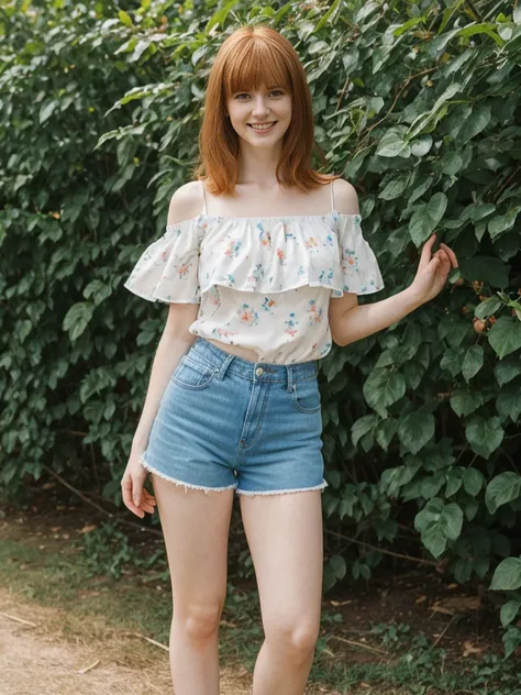 her name is Anna Maria Schmidt, high quality, ((white pale skin)), 1girl, ((20-year-old fit Caucasian woman)), ((20 years old)), ((fit)), ((ginger hair with bangs)), pose: standing, wearing stylish (((light-blue printed off shoulder and shorts))), BACKGROU...