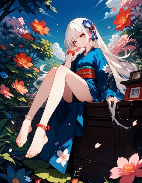 check_9, check_8_up,check_7_up, White hair, kimono, voluminous hair , long hair, ,Desktop,sitting on Desktop,barefoot,Focus of the leg, Bottom ankle bracelet,bare legs, USA, flowers, Shiny skin,pale skin,colored toenails,