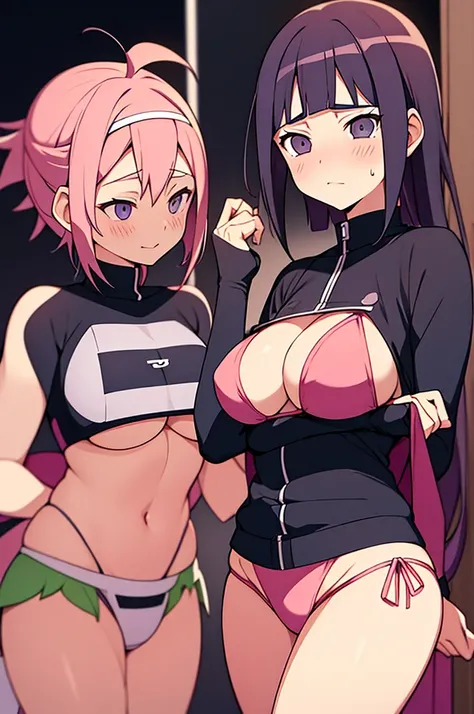 HINATA and SAKURA  (from boruto series), super large breast ,super thin and short bikini, open , talk each other, blushing , in hot springs 