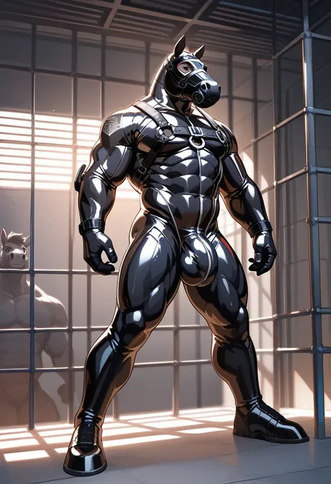 Highest quality, Highest quality, High quality illustrations, masterpiece, Ultra-high resolution, Detailed Background, Jail, Absurd, Perfect Anatomy, performance, Good lighting, Shadows in the movies(kemono, Furry Personifi猫ion), horse, Muscle Body, Rubber...