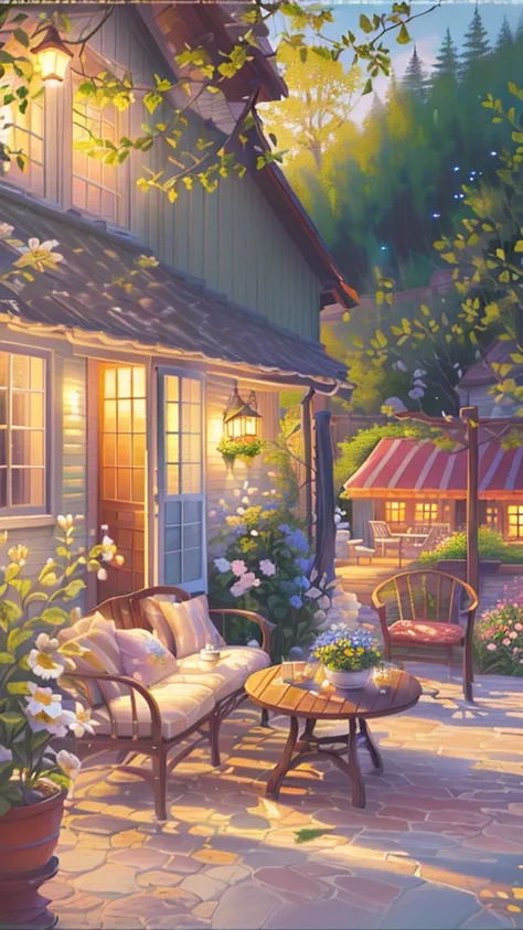 painting of a patio with a table and chairs and a table with flowers, serene evening atmosphere, summer afternoon, cottagecore!!, idyllic cottage, evening ambience, soothing and cozy landscape, cozy and peaceful atmosphere, cosy enchanted scene, thomas kin...