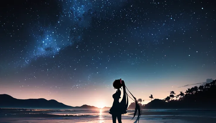 Highest quality, masterpiece, animation,Night Beach,Beautiful starry sky,Hatsune Miku,One person、Landscape, Double exposure, Light and shadow contrast、