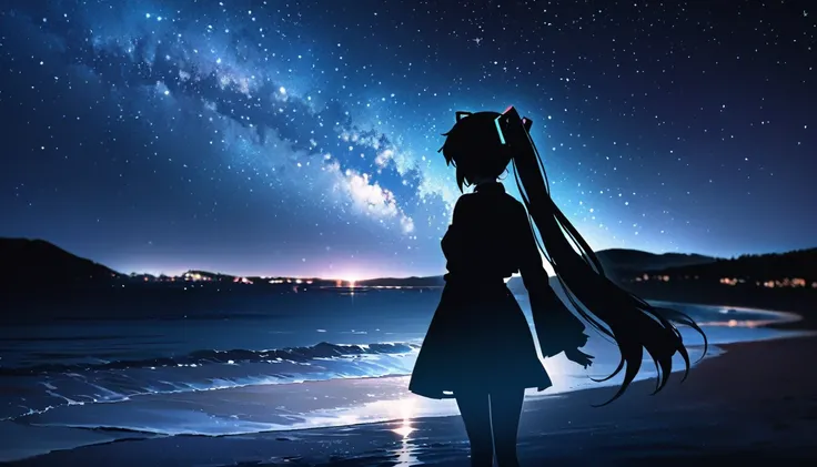 Highest quality, masterpiece, animation,Night Beach,Beautiful starry sky,Hatsune Miku,One person、Landscape, Double exposure, Light and shadow contrast、