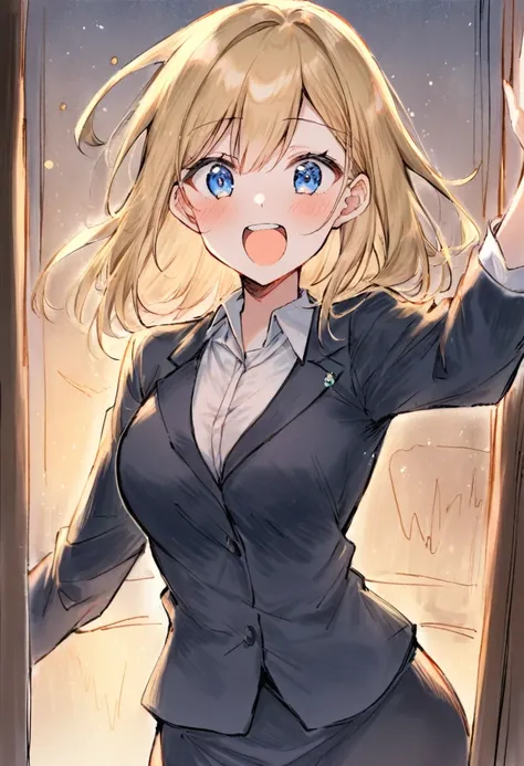 1girl,22years old, office lady,kawaii,intellectual,blonde hair, one length hair, blue eyes,navy blazer,collared shirt,navy tight skirt, office,cheering,energetic,double teeth,open mouth, masterpiece, best quality, absurdres, cowboy shot, colored pencil art...